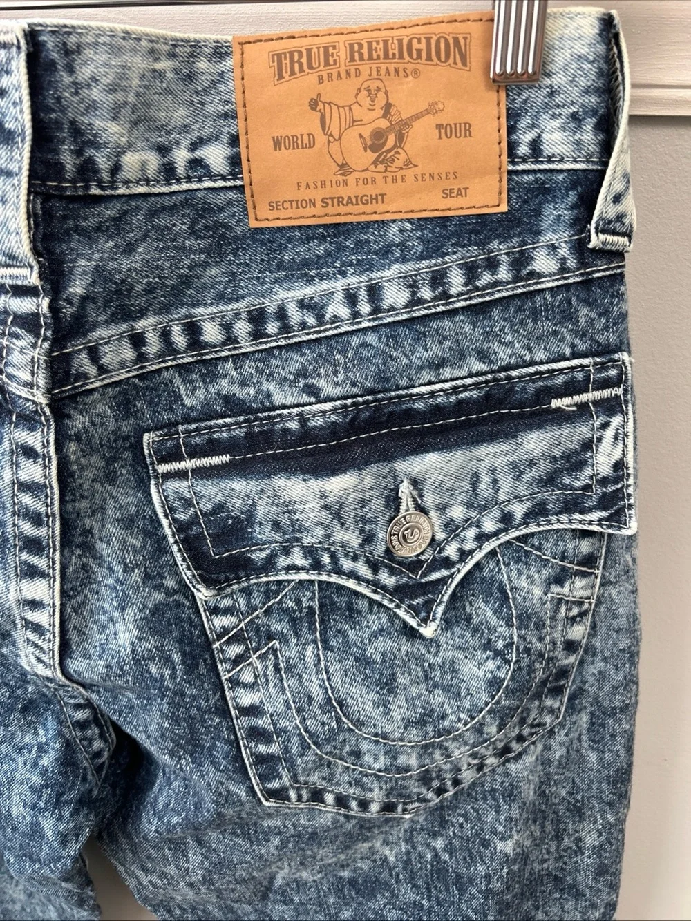 True Religion World Tour Acid Wash Men’s 32X32 Ricky Flap Straight Jeans NWT